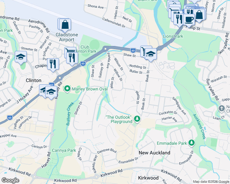 map of restaurants, bars, coffee shops, grocery stores, and more near 37 Alder Street in New Auckland