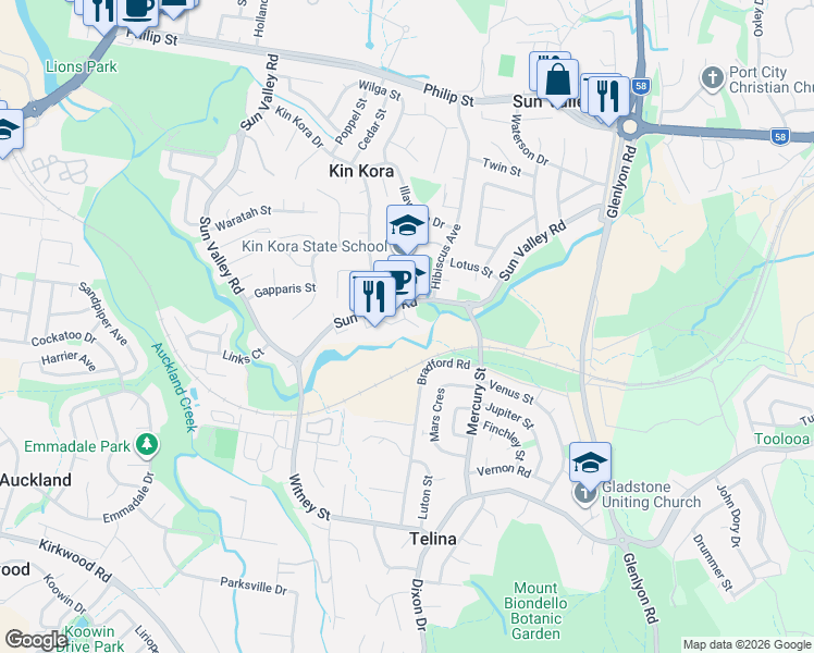 map of restaurants, bars, coffee shops, grocery stores, and more near 9 Pacific Court in Kin Kora