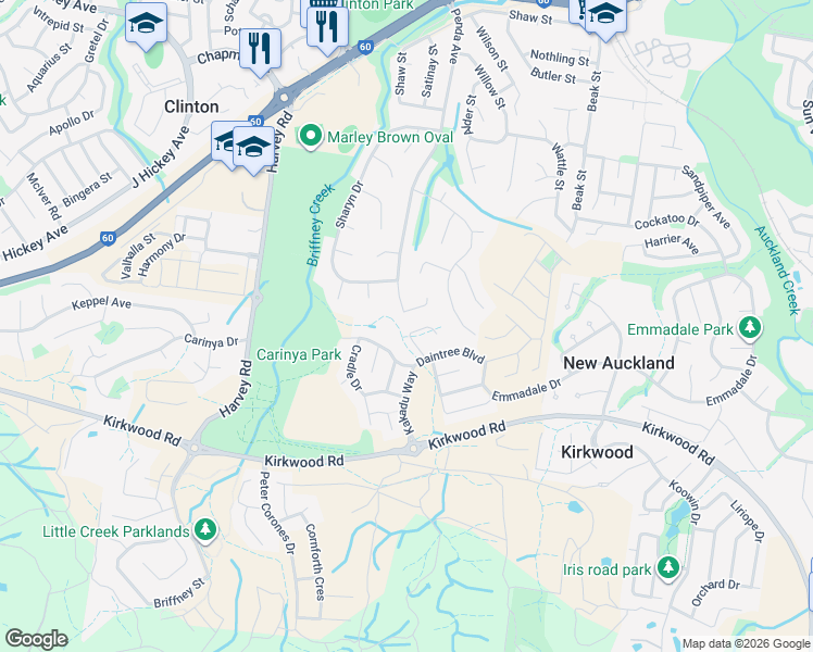 map of restaurants, bars, coffee shops, grocery stores, and more near 19 Boonderee Place in New Auckland
