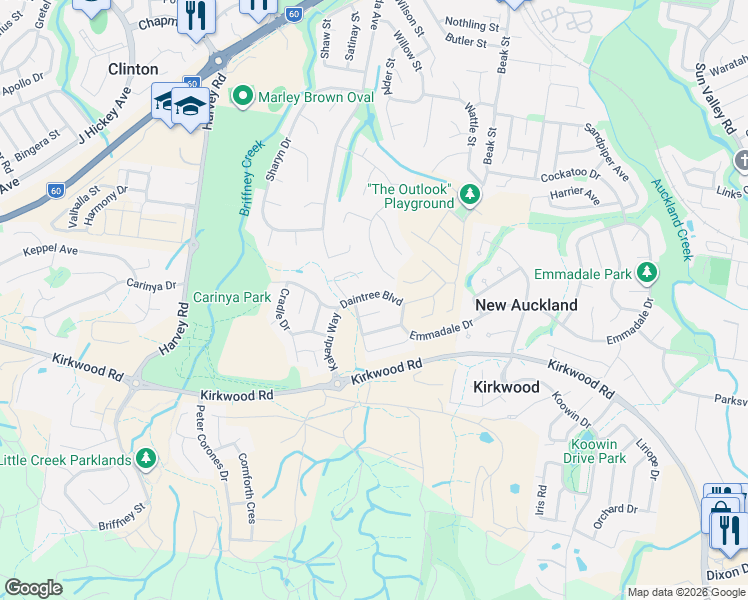 map of restaurants, bars, coffee shops, grocery stores, and more near 48 Daintree Boulevard in New Auckland