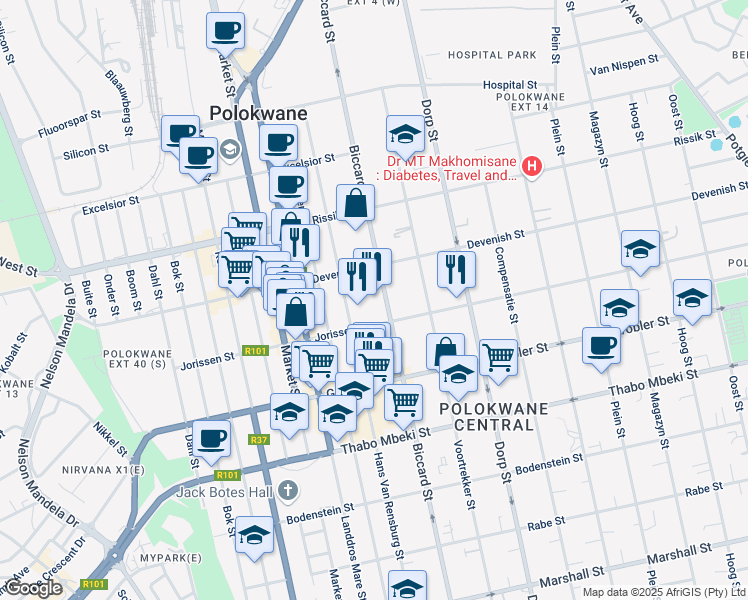 map of restaurants, bars, coffee shops, grocery stores, and more near 77 Biccard Street in Polokwane
