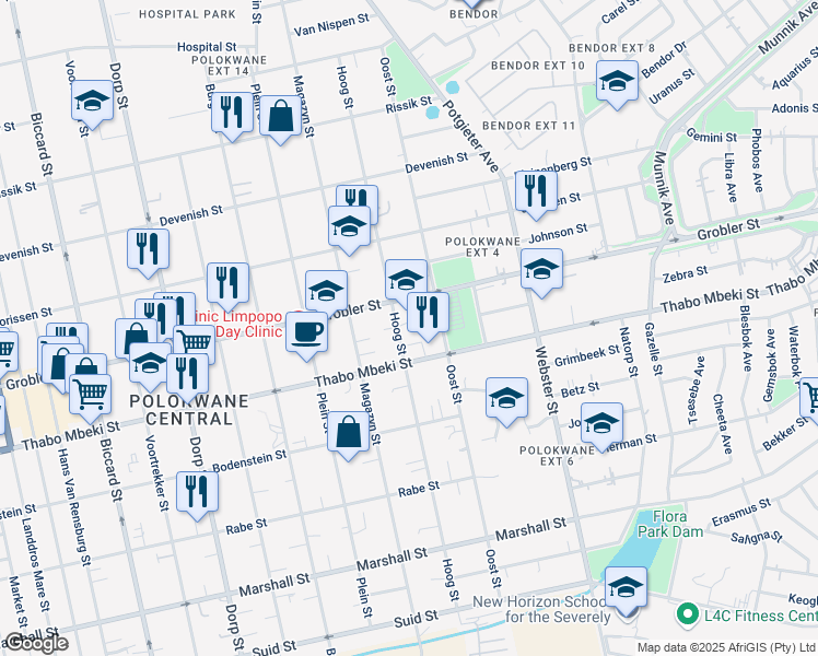 map of restaurants, bars, coffee shops, grocery stores, and more near 56 Hoog Street in Polokwane