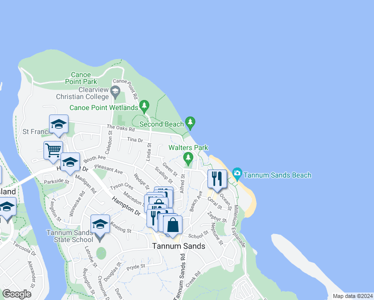 map of restaurants, bars, coffee shops, grocery stores, and more near 17 The Oaks Road in Tannum Sands