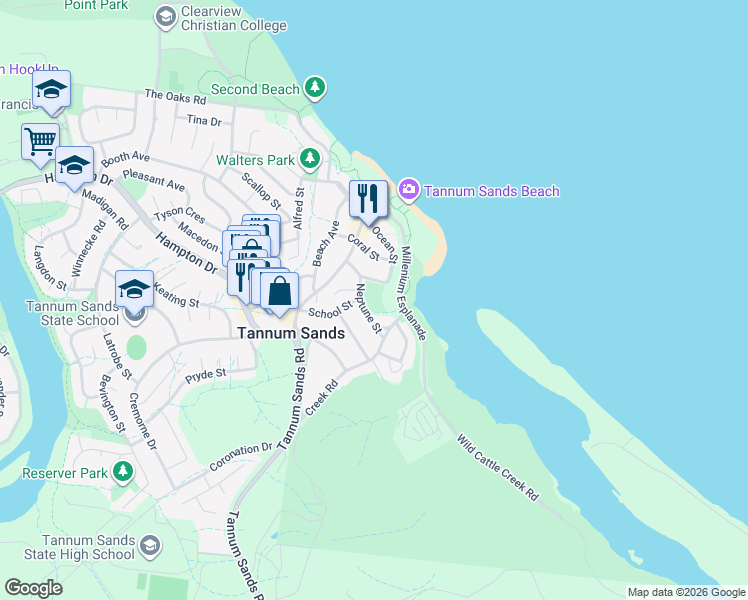 map of restaurants, bars, coffee shops, grocery stores, and more near LOT 4 Zephyr Street in Tannum Sands