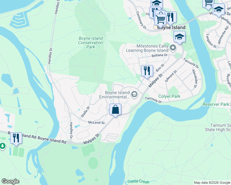 map of restaurants, bars, coffee shops, grocery stores, and more near 23 Bauhinia Street in Boyne Island