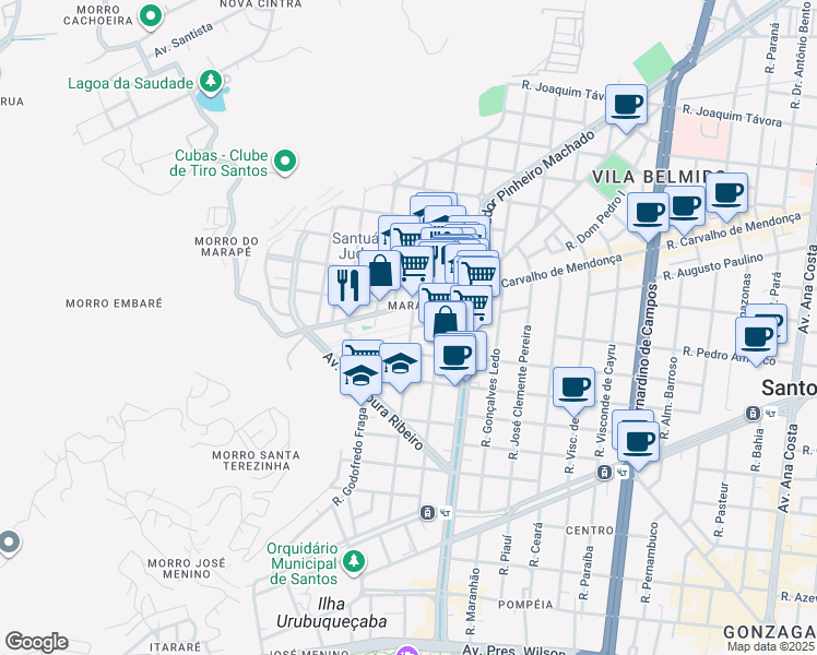 map of restaurants, bars, coffee shops, grocery stores, and more near 174 Rua Alfredo Albertini in Santos