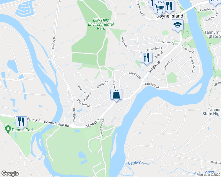 map of restaurants, bars, coffee shops, grocery stores, and more near 8 Valley Way in Boyne Island