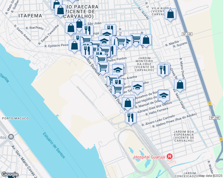 map of restaurants, bars, coffee shops, grocery stores, and more near 4444 Avenida Santos Dumont in Guarujá