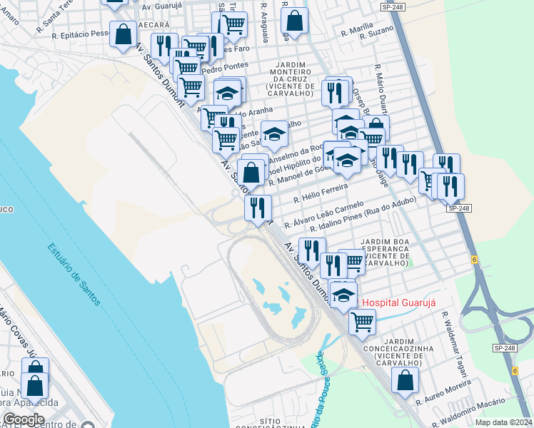 map of restaurants, bars, coffee shops, grocery stores, and more near 4444 Avenida Santos Dumont in Guarujá