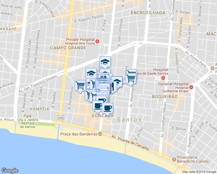 map of restaurants, bars, coffee shops, grocery stores, and more near 433 Avenida Dona Ana Costa in Santos