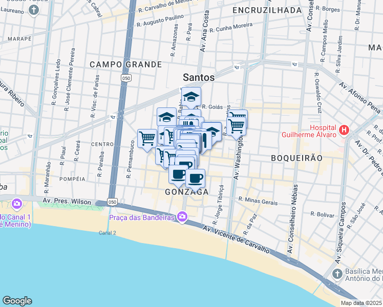 map of restaurants, bars, coffee shops, grocery stores, and more near 433 Avenida Dona Ana Costa in Santos