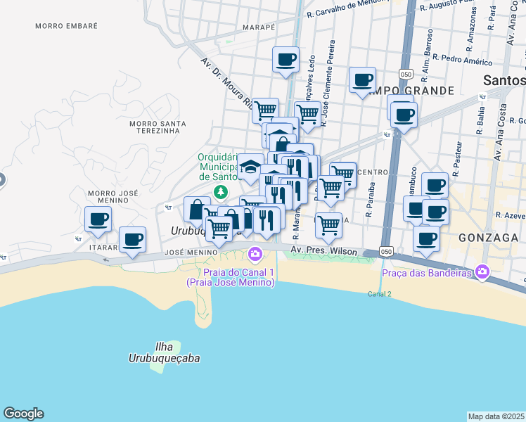map of restaurants, bars, coffee shops, grocery stores, and more near 14 Avenida Barão de Penedo in Santos