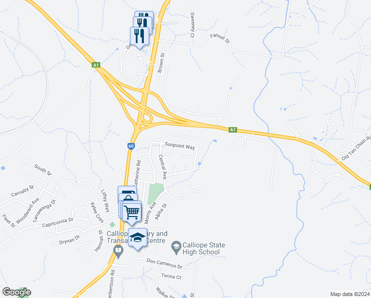 map of restaurants, bars, coffee shops, grocery stores, and more near 26 Sunpoint Way in Calliope