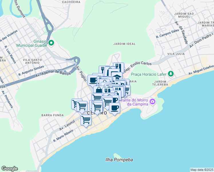 map of restaurants, bars, coffee shops, grocery stores, and more near 439 Rua Santo Amaro in Guarujá