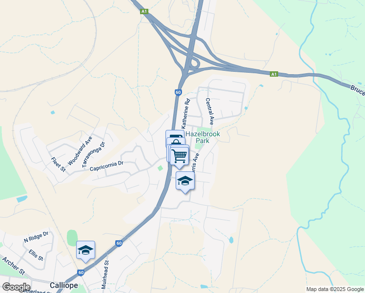 map of restaurants, bars, coffee shops, grocery stores, and more near 10 Katherine Road in Calliope