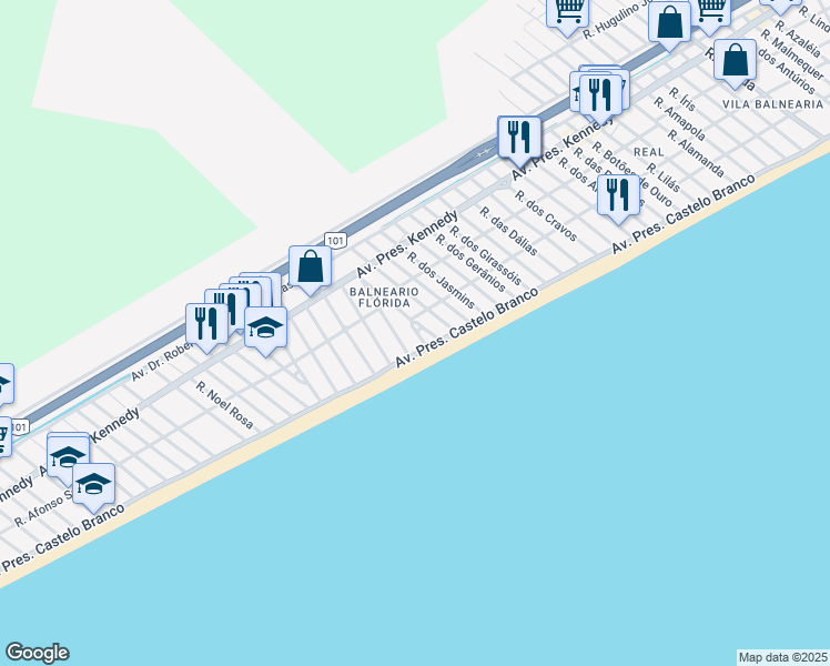 map of restaurants, bars, coffee shops, grocery stores, and more near in Praia Grande