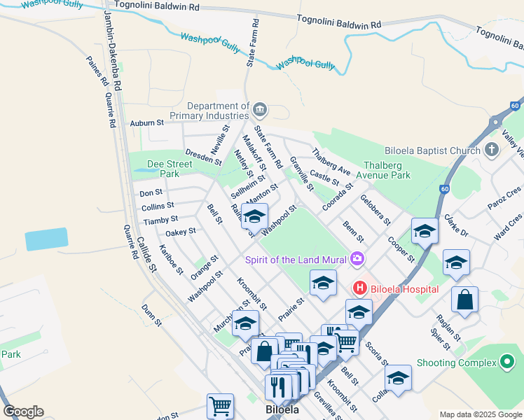 map of restaurants, bars, coffee shops, grocery stores, and more near 9 Malakoff Street in Biloela
