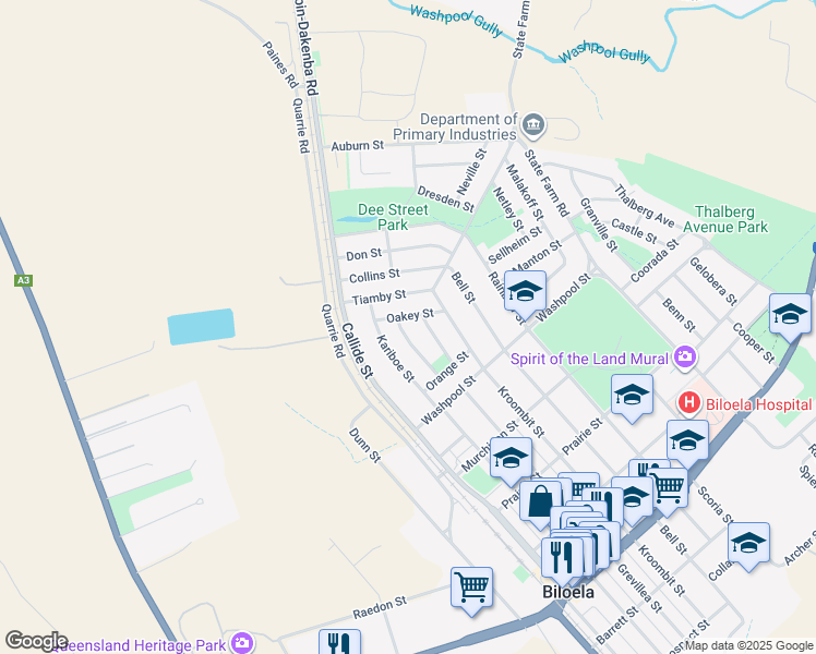 map of restaurants, bars, coffee shops, grocery stores, and more near 20 Bauhinia Street in Biloela