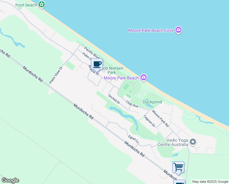 map of restaurants, bars, coffee shops, grocery stores, and more near 3 Hibiscus Avenue in Moore Park Beach