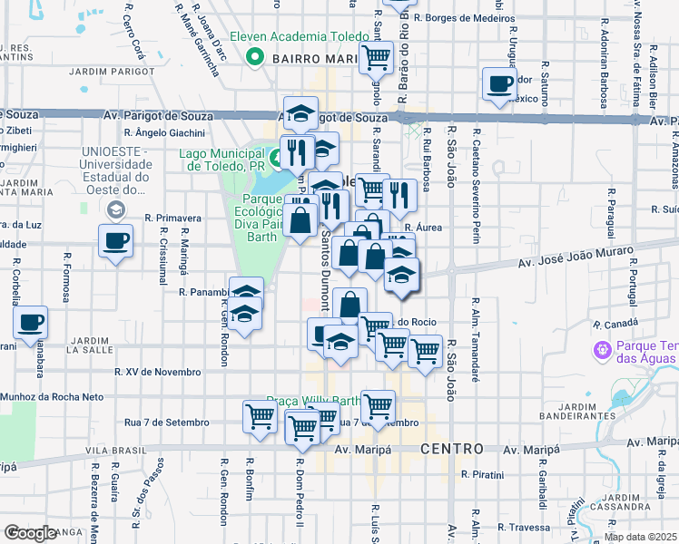 map of restaurants, bars, coffee shops, grocery stores, and more near 279 Rua Souza Naves in Toledo
