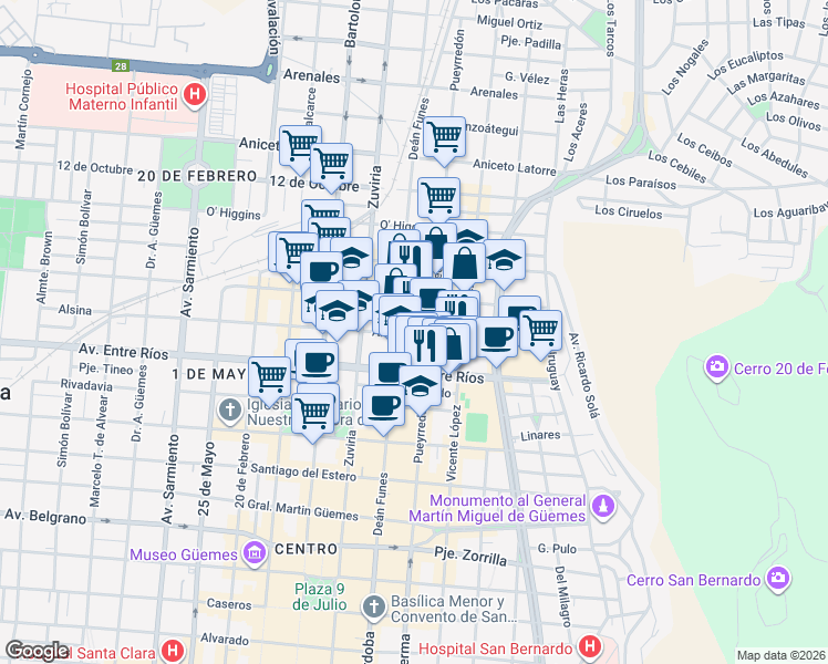 map of restaurants, bars, coffee shops, grocery stores, and more near 364 Alsina in Salta