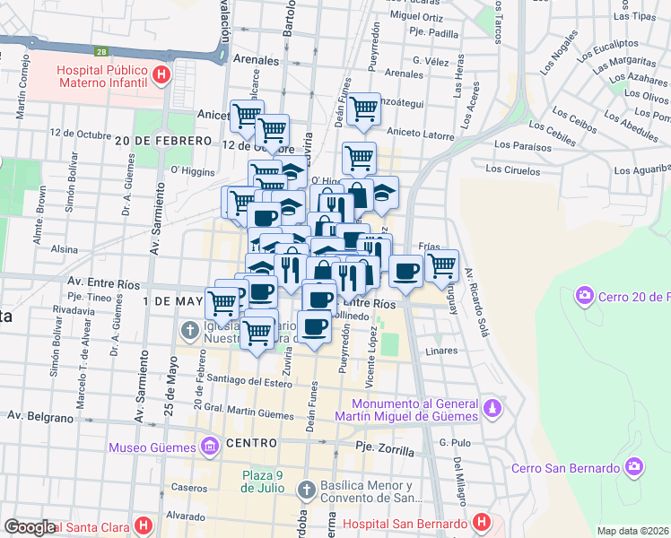 map of restaurants, bars, coffee shops, grocery stores, and more near 364 Alsina in Salta