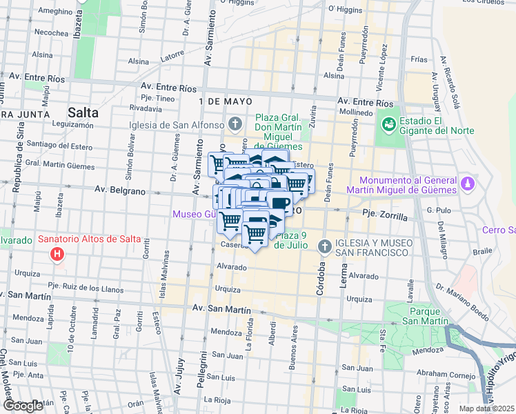 map of restaurants, bars, coffee shops, grocery stores, and more near 707 Avenida Belgrano in Salta