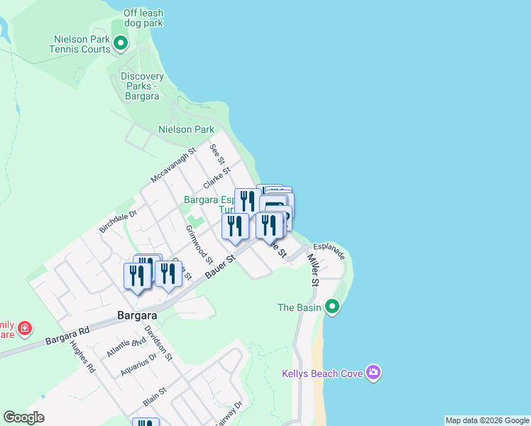 map of restaurants, bars, coffee shops, grocery stores, and more near 67 Esplanade in Bargara
