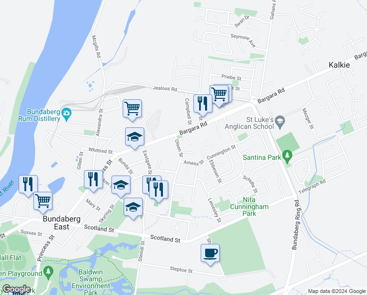 map of restaurants, bars, coffee shops, grocery stores, and more near 28 Olsen Street in Bundaberg East