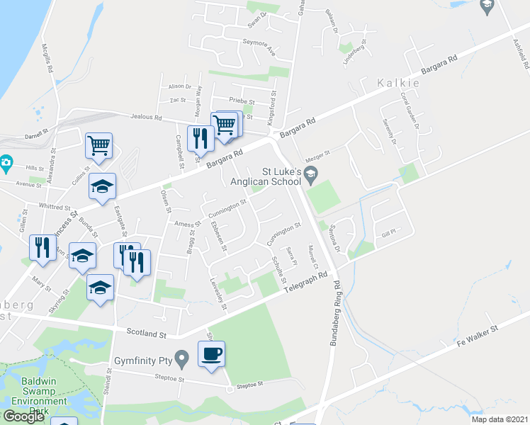 map of restaurants, bars, coffee shops, grocery stores, and more near 4 O'Meara Avenue in Bundaberg East