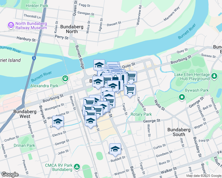 map of restaurants, bars, coffee shops, grocery stores, and more near in Bundaberg Central