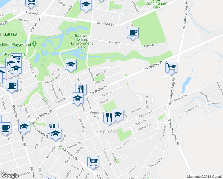 map of restaurants, bars, coffee shops, grocery stores, and more near 25 Pizzey Street in Kepnock