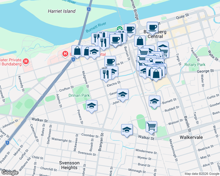map of restaurants, bars, coffee shops, grocery stores, and more near 74 Electra Street in Bundaberg West