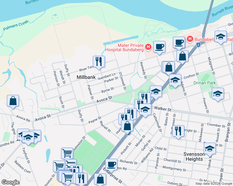 map of restaurants, bars, coffee shops, grocery stores, and more near 21 Avoca Street in Millbank