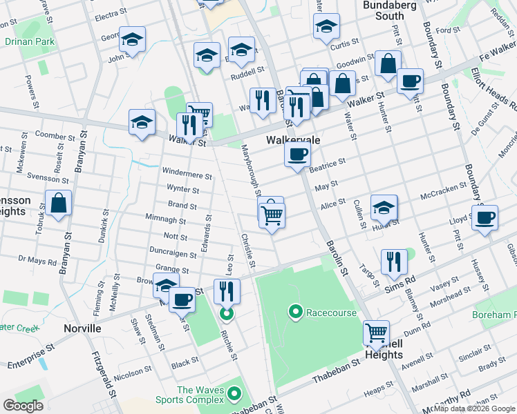 map of restaurants, bars, coffee shops, grocery stores, and more near 59 Maryborough Street in Walkervale