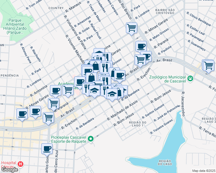 map of restaurants, bars, coffee shops, grocery stores, and more near 3561 Avenida Brasil in Cascavel