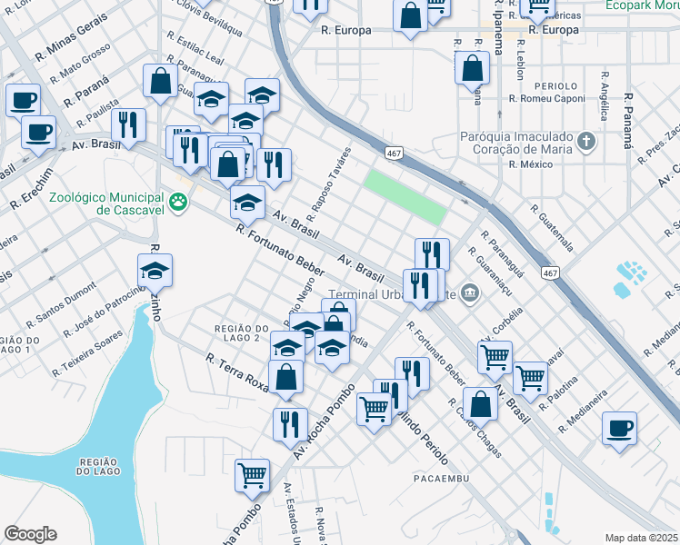 map of restaurants, bars, coffee shops, grocery stores, and more near 2435 Avenida Brasil in Cascavel