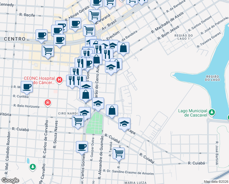 map of restaurants, bars, coffee shops, grocery stores, and more near 30 Rua Maranhão in Cascavel