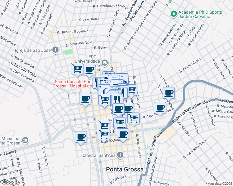 map of restaurants, bars, coffee shops, grocery stores, and more near 348 Avenida Bonifácio Villela in Ponta Grossa