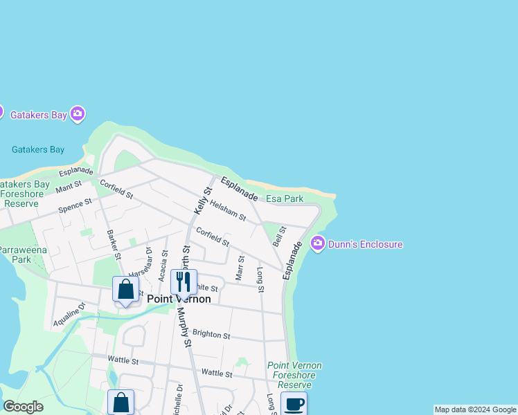 map of restaurants, bars, coffee shops, grocery stores, and more near 6 Flinders Street in Point Vernon