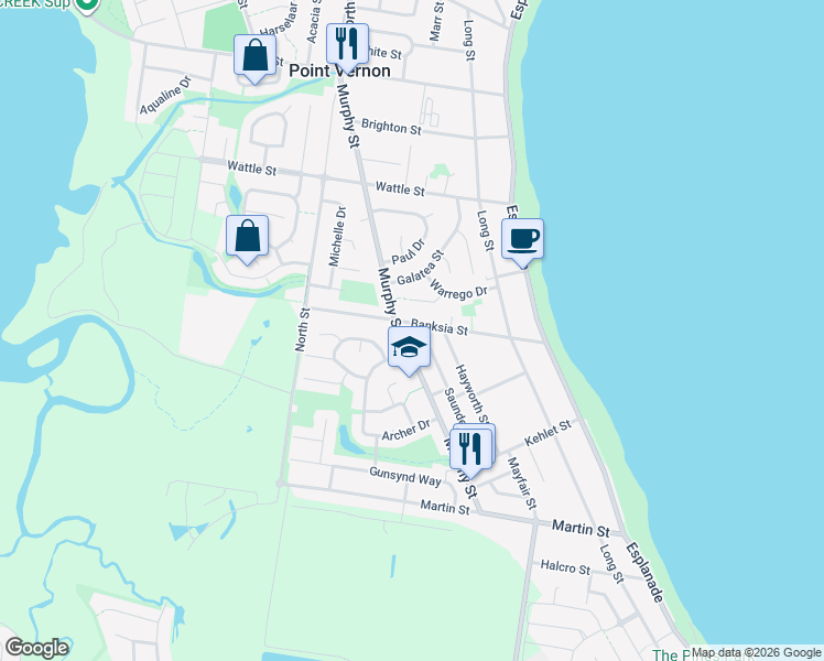 map of restaurants, bars, coffee shops, grocery stores, and more near 36B Banksia Street in Point Vernon