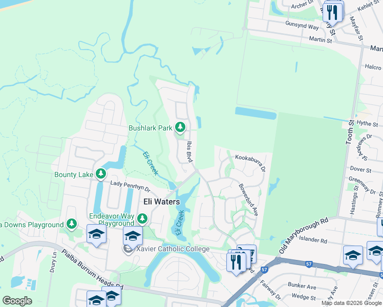 map of restaurants, bars, coffee shops, grocery stores, and more near 105 Ibis Boulevard in Eli Waters