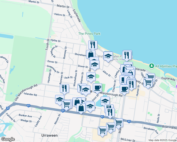 map of restaurants, bars, coffee shops, grocery stores, and more near 41 Beach Road in Pialba