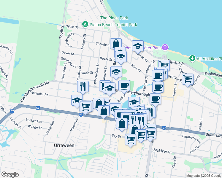 map of restaurants, bars, coffee shops, grocery stores, and more near Beach Road in Pialba