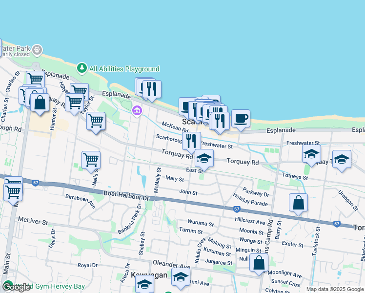 map of restaurants, bars, coffee shops, grocery stores, and more near 23 Scarborough Street in Scarness