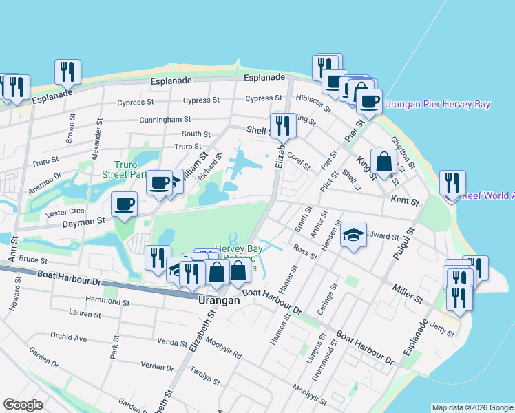 map of restaurants, bars, coffee shops, grocery stores, and more near 62-105 Elizabeth Street in Urangan