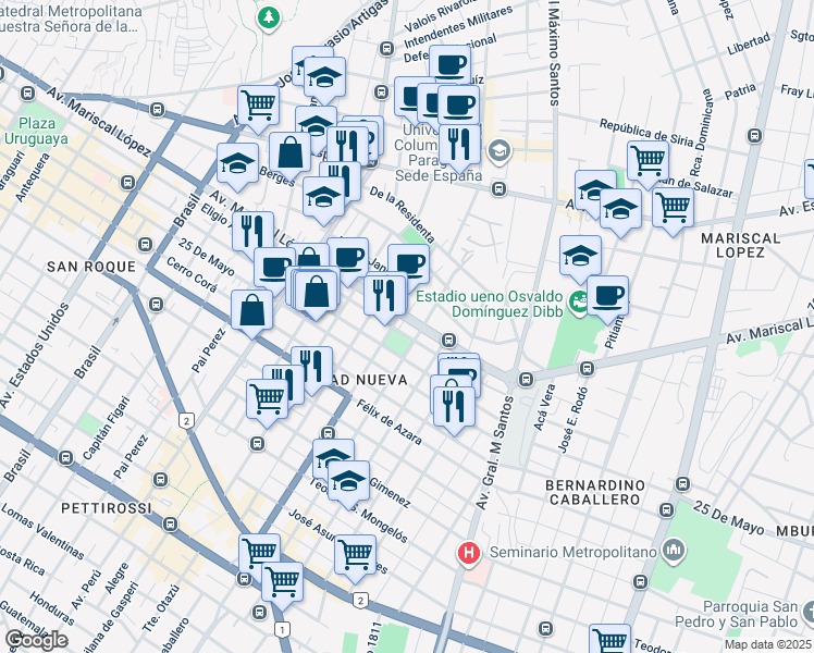 map of restaurants, bars, coffee shops, grocery stores, and more near 1532 Avenida Mariscal López in Asunción