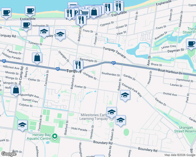map of restaurants, bars, coffee shops, grocery stores, and more near 37 Honiton Street in Torquay
