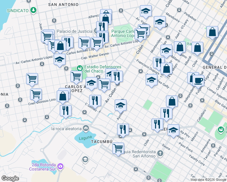map of restaurants, bars, coffee shops, grocery stores, and more near Avda. Colón in Asunción