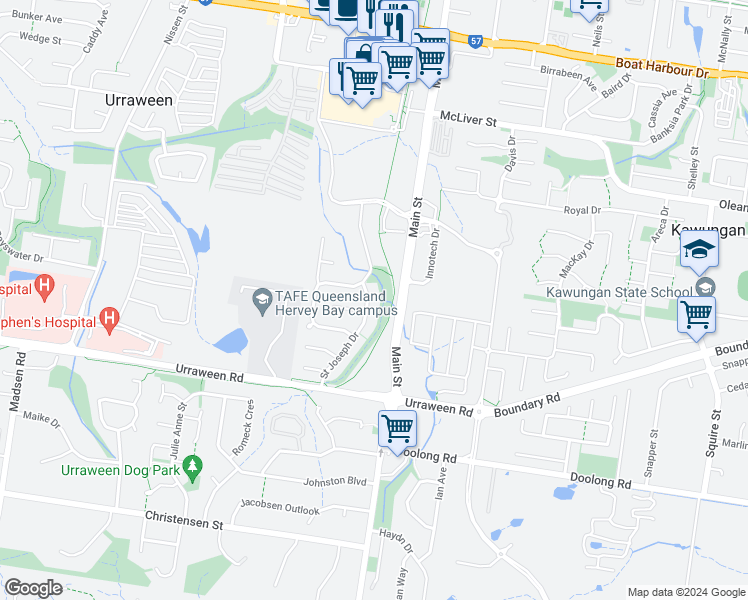 map of restaurants, bars, coffee shops, grocery stores, and more near 45 Saint Joseph Drive in Urraween